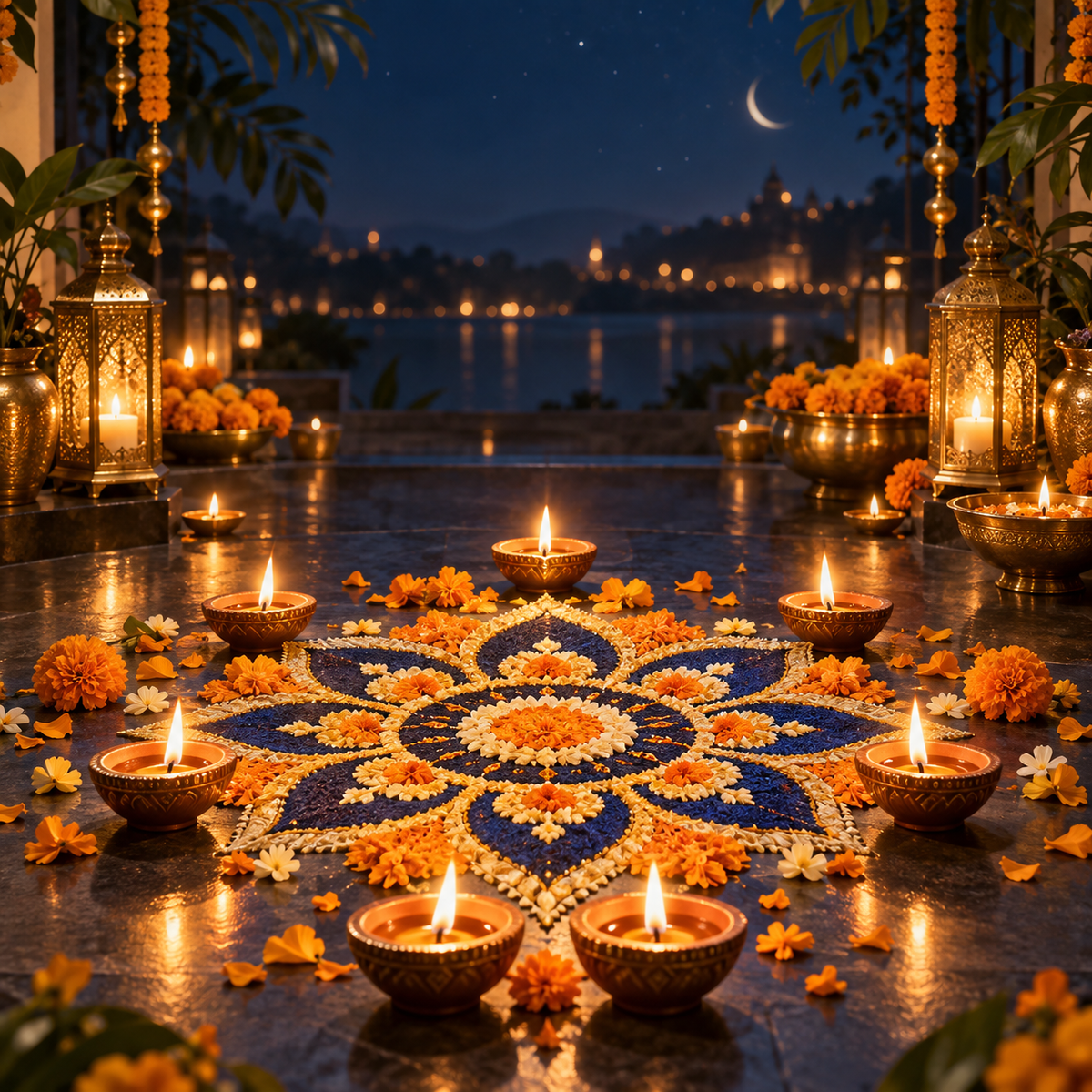 Indigo and gold Diwali rangoli surrounded by glowing diyas and marigold flowers