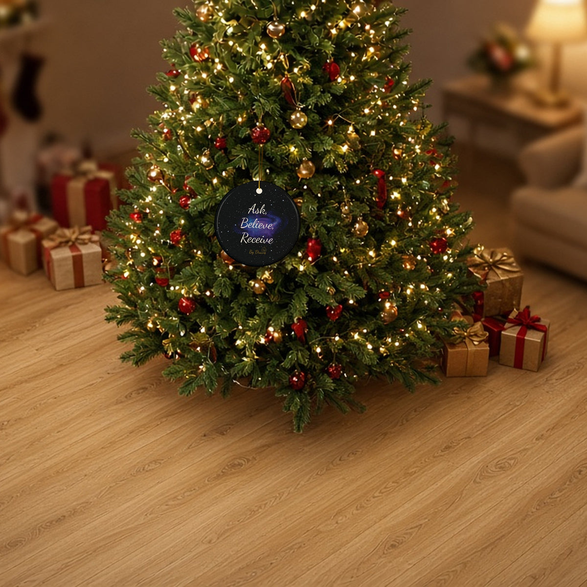 Ask Believe Receive Ceramic Christmas Ornament hanging on a decorated Christmas tree