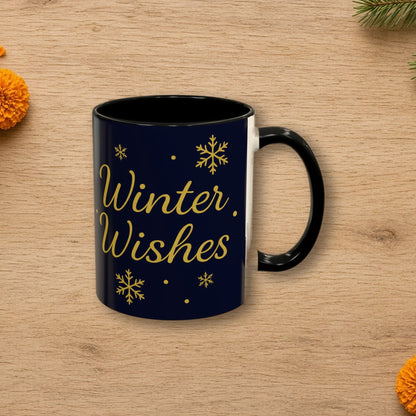 Winter Wishes Christmas Mug styled on a cozy wooden table