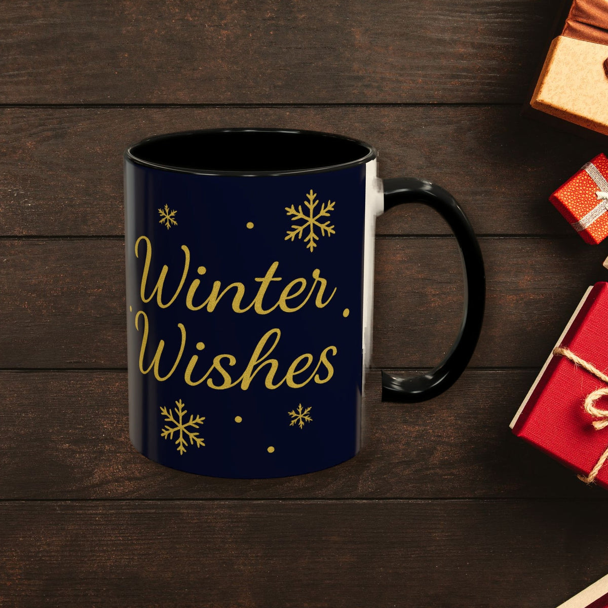Winter Wishes Christmas Mug surrounded by wrapped Christmas gifts