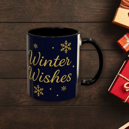 Winter Wishes Christmas Mug surrounded by wrapped Christmas gifts