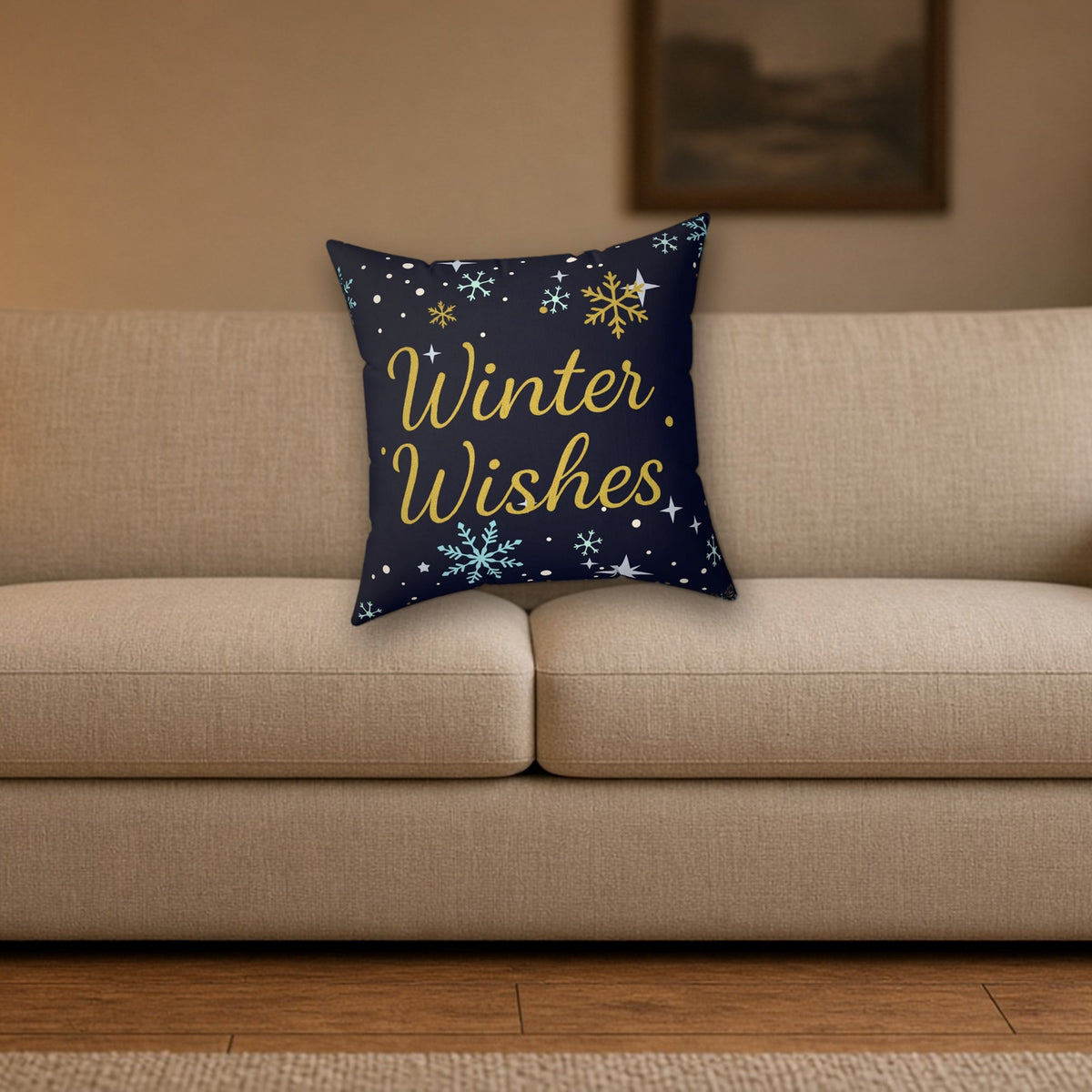 Winter Wishes Christmas Cushion styled on a cozy living room sofa