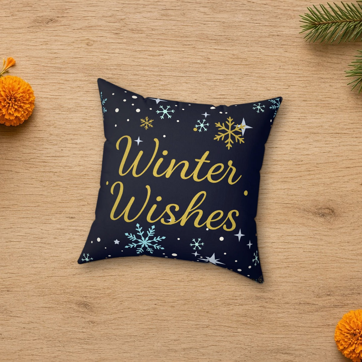 Winter Wishes Christmas Cushion in a styled lifestyle flat lay