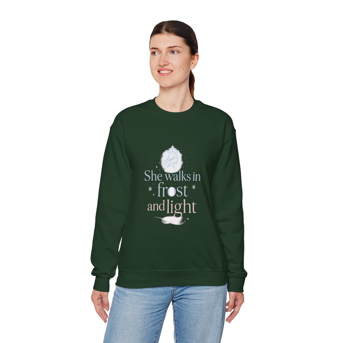She Walks in Frost and Light – Elegant Winter Goddess Sweatshirt