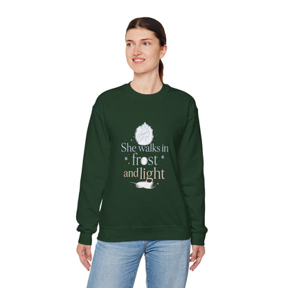 She Walks in Frost and Light – Elegant Winter Goddess Sweatshirt