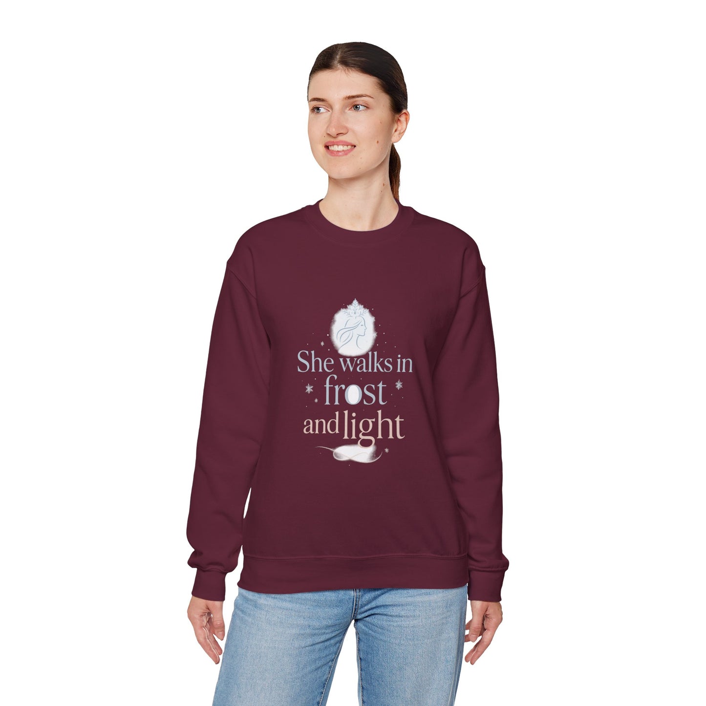 She Walks in Frost and Light – Elegant Winter Goddess Sweatshirt