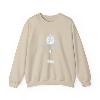 She Walks in Frost and Light – Elegant Winter Goddess Sweatshirt