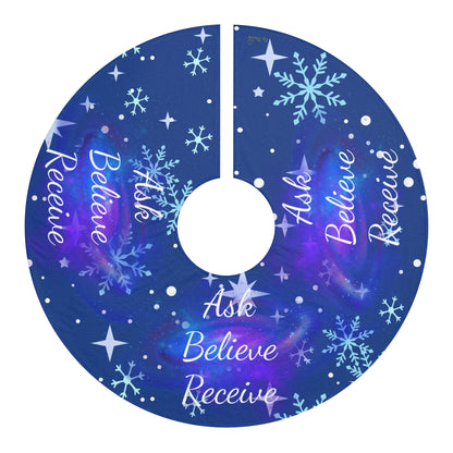 “Ask Believe Receive” Cosmic Christmas Tree Skirt – Spiritual Holiday Decor by Druvs
