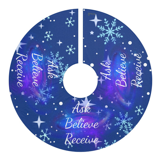 “Ask Believe Receive” Cosmic Christmas Tree Skirt – Spiritual Holiday Decor by Druvs