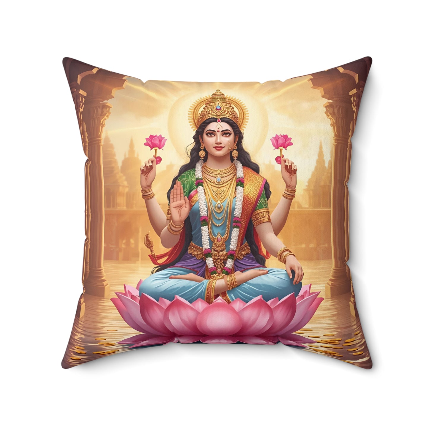 Lakshmi Decorative Pillow – Hindu Goddess of Wealth Cushion for Home & Spiritual Décor