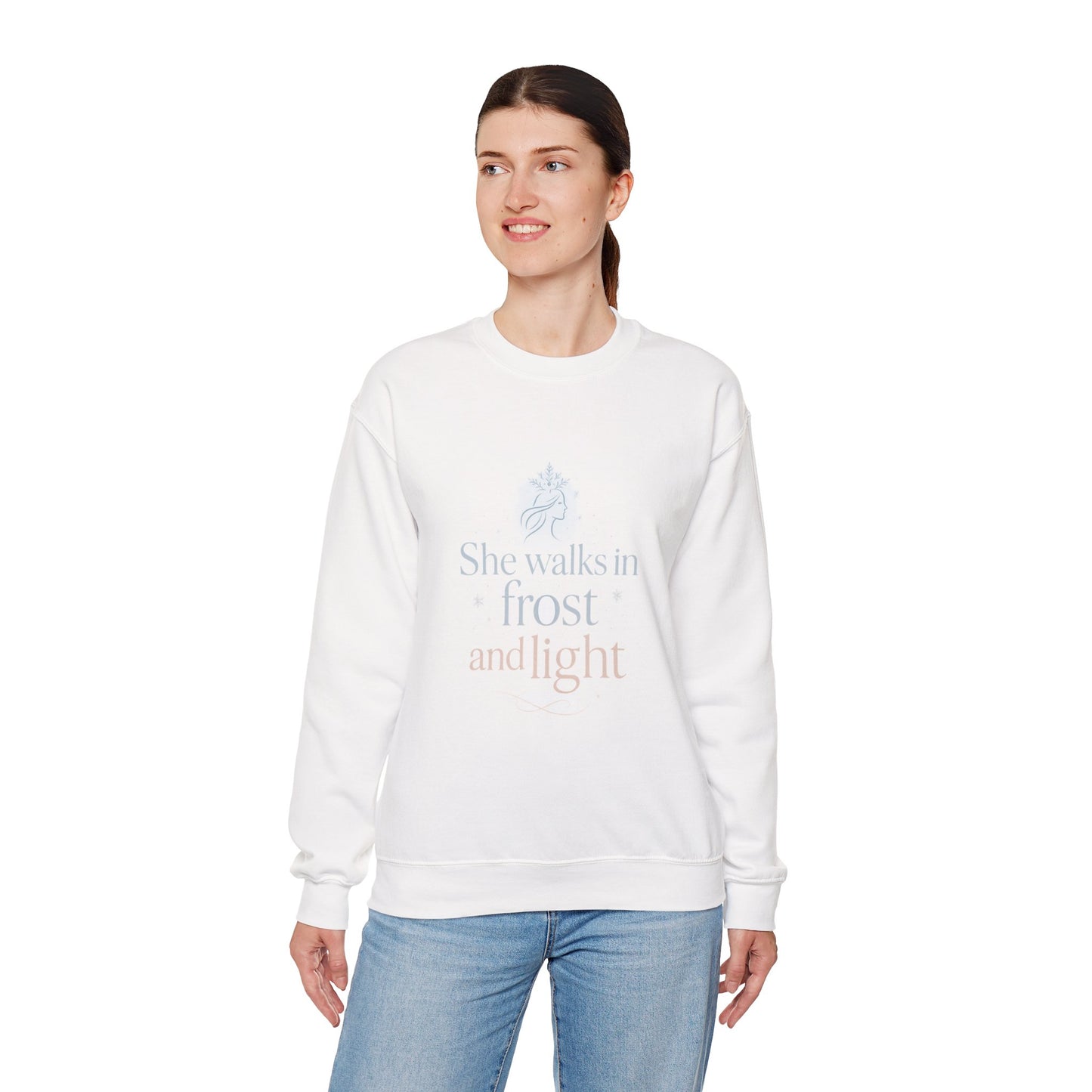 She Walks in Frost and Light – Elegant Winter Goddess Sweatshirt