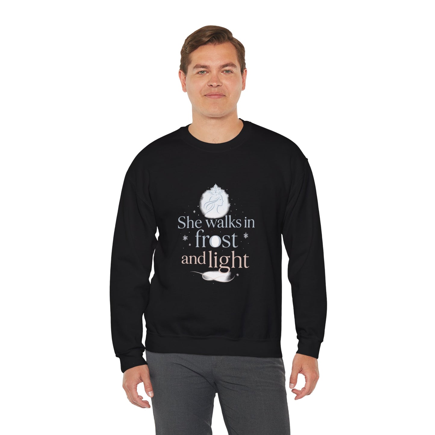 She Walks in Frost and Light – Elegant Winter Goddess Sweatshirt