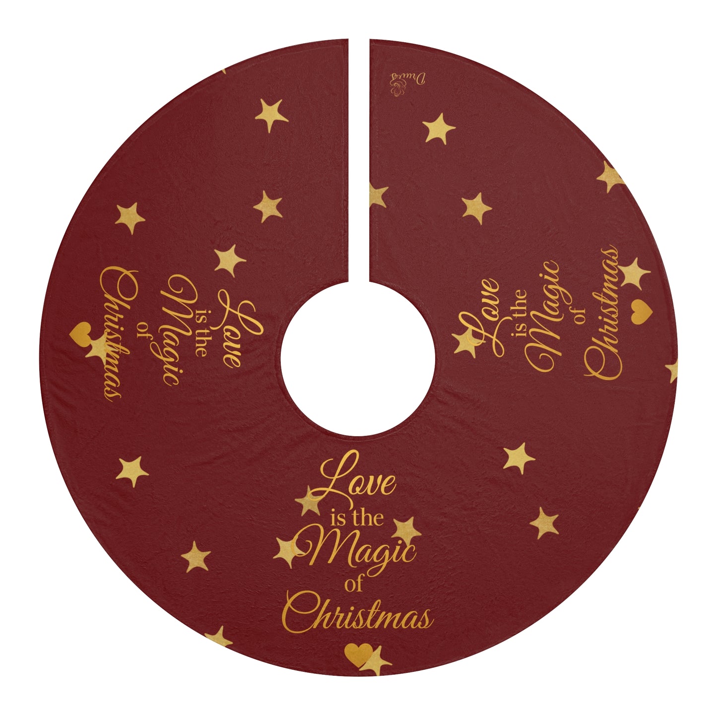 Luxury Christmas Tree Skirt – “Love is the Magic of Christmas” – Festive Red & Gold Holiday Decor