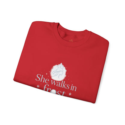 She Walks in Frost and Light – Elegant Winter Goddess Sweatshirt