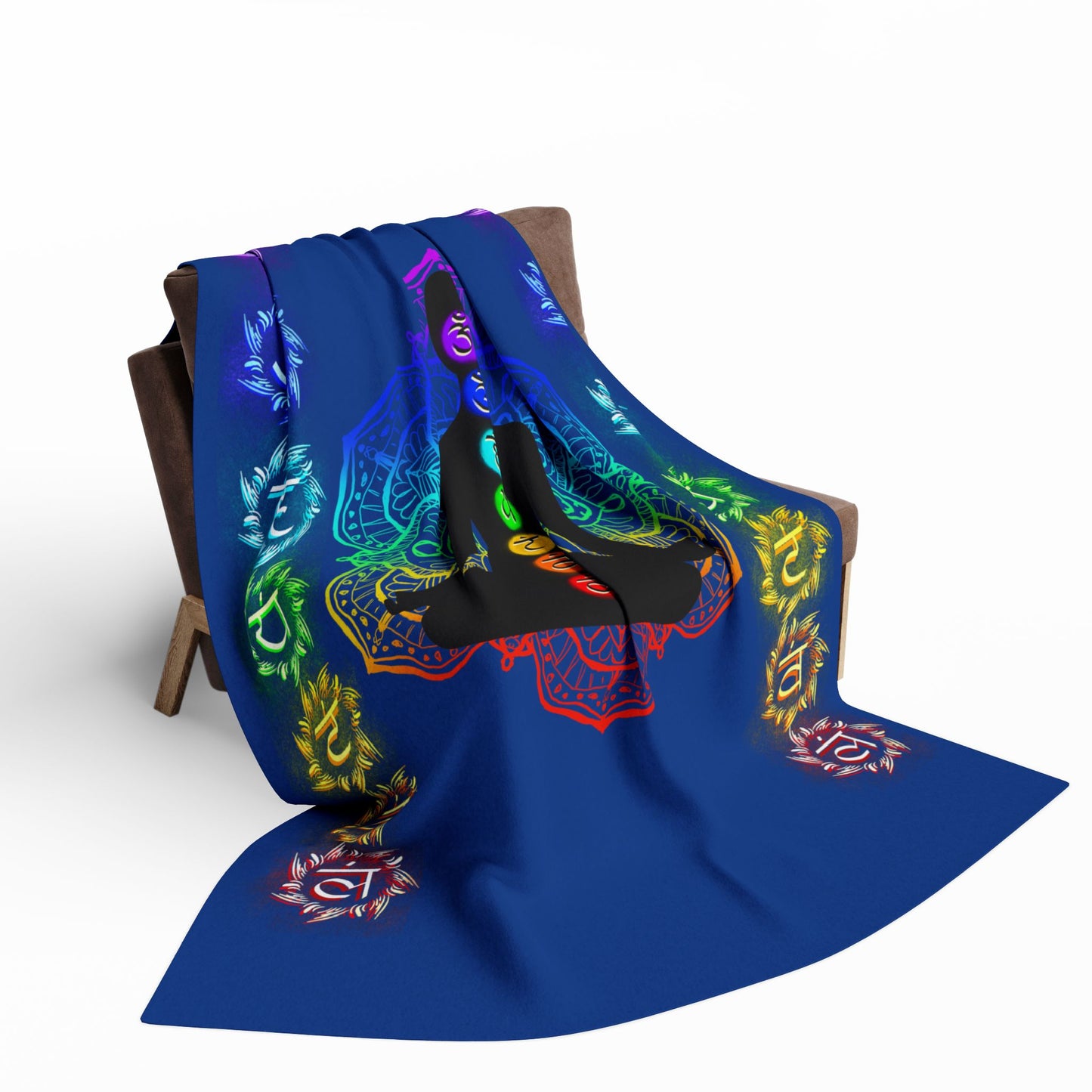 Chakra Meditation Fleece Blanket – Rainbow Energy Silhouette on Mandala | Druvs