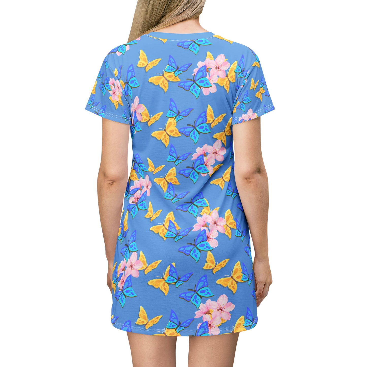 Butterfly Bloom Women's T-Shirt Dress – Vibrant Floral & Butterfly Print by Druvs
