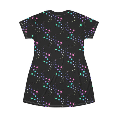 Celestial Pop Star T-Shirt Dress – Cosmic Starry Night Print by Druvs