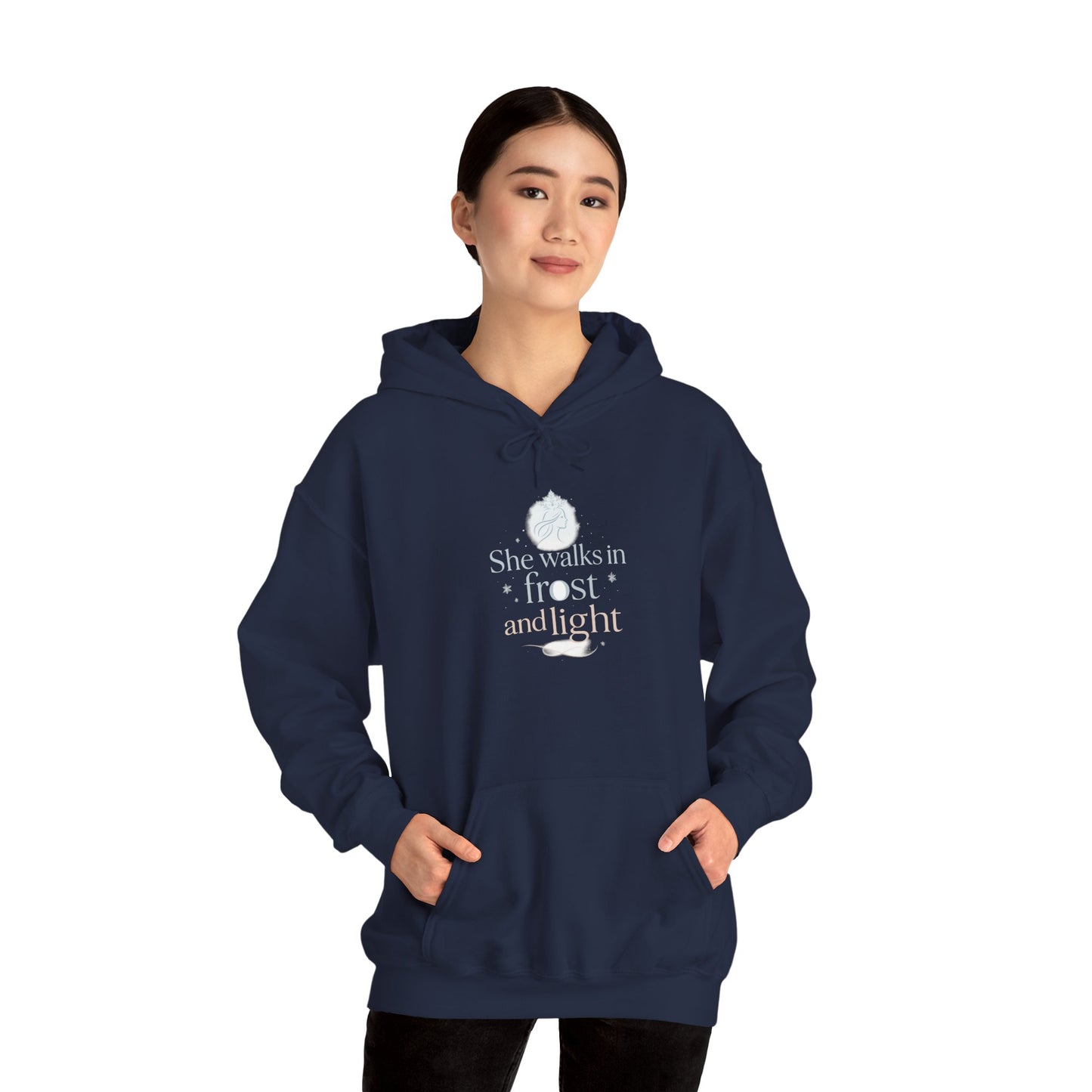 She Walks in Frost and Light – Winter Goddess Hoodie