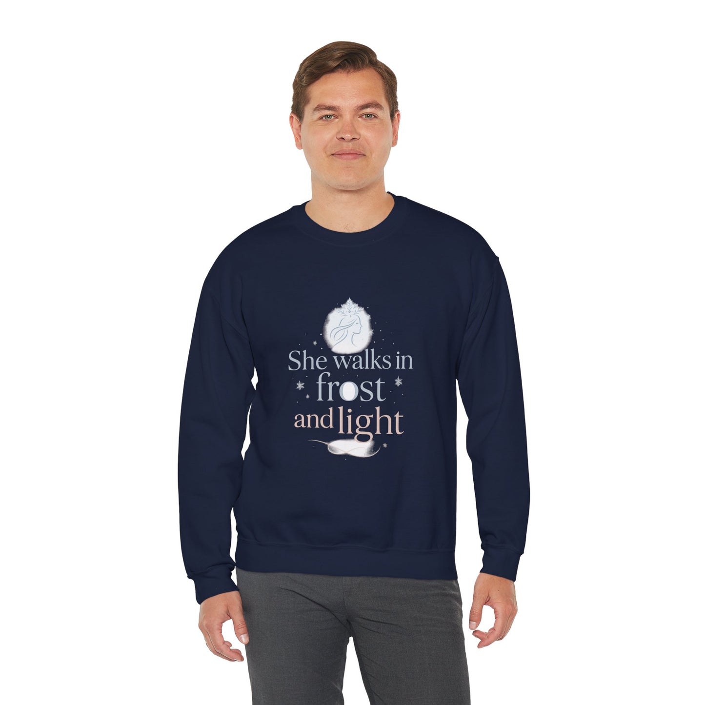 She Walks in Frost and Light – Elegant Winter Goddess Sweatshirt