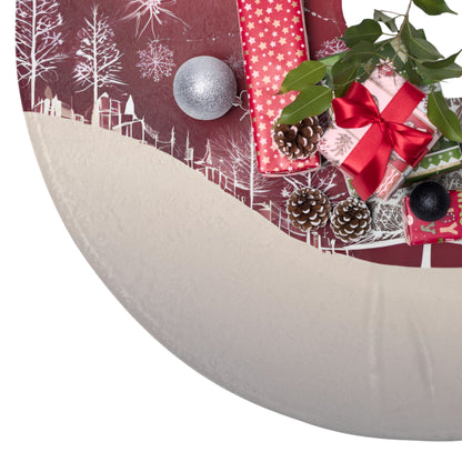 Christmas Village Red Tree Skirt – Snowy Forest Scene with Ornaments