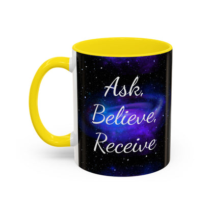 Ask. Believe. Receive. Two-Tone Mug – Cosmic Affirmation Coffee Cup