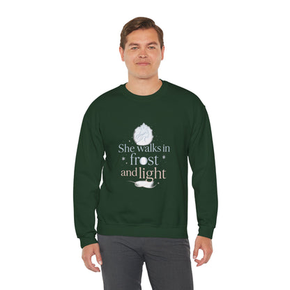 She Walks in Frost and Light – Elegant Winter Goddess Sweatshirt