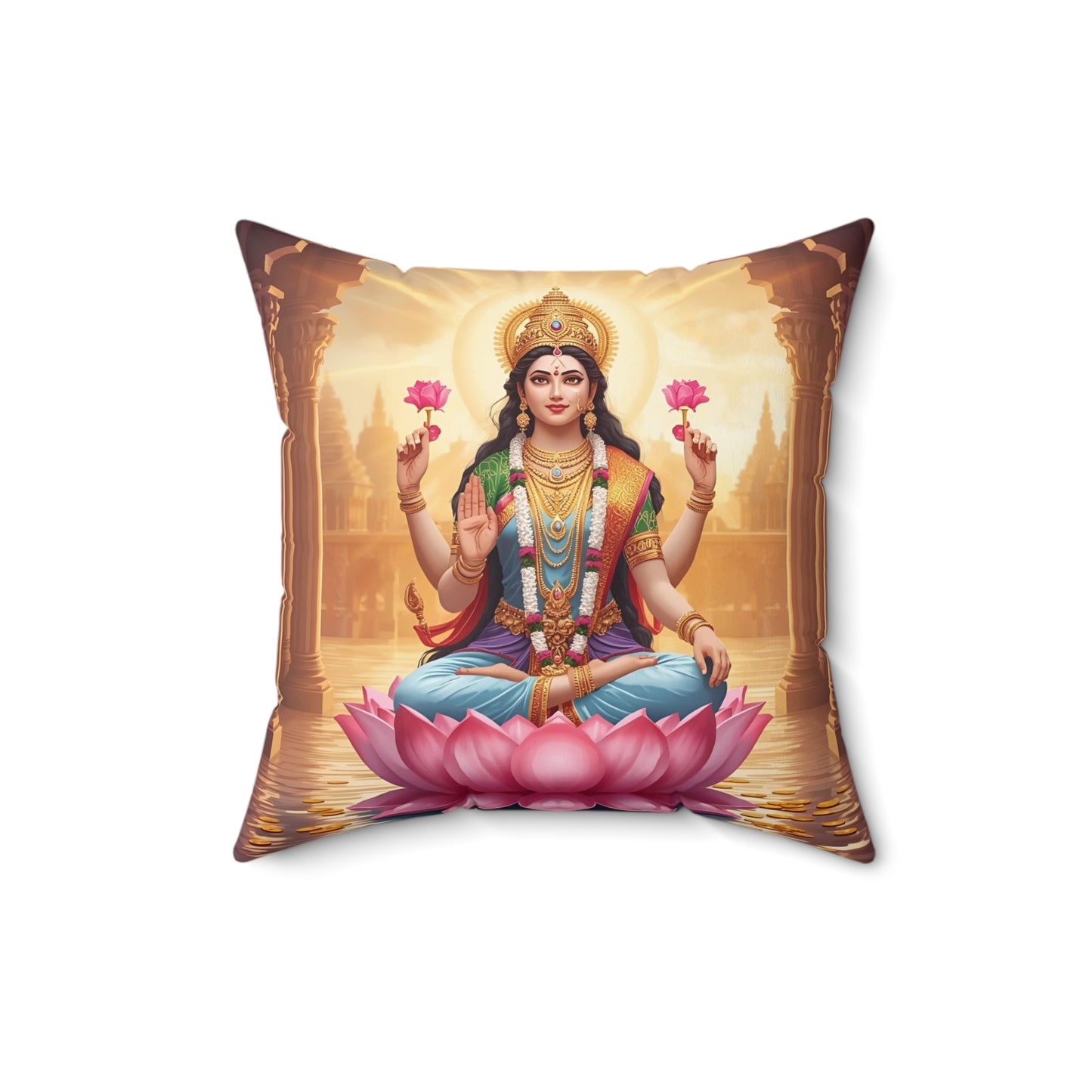 Lakshmi Decorative Pillow – Hindu Goddess of Wealth Cushion for Home & Spiritual Décor