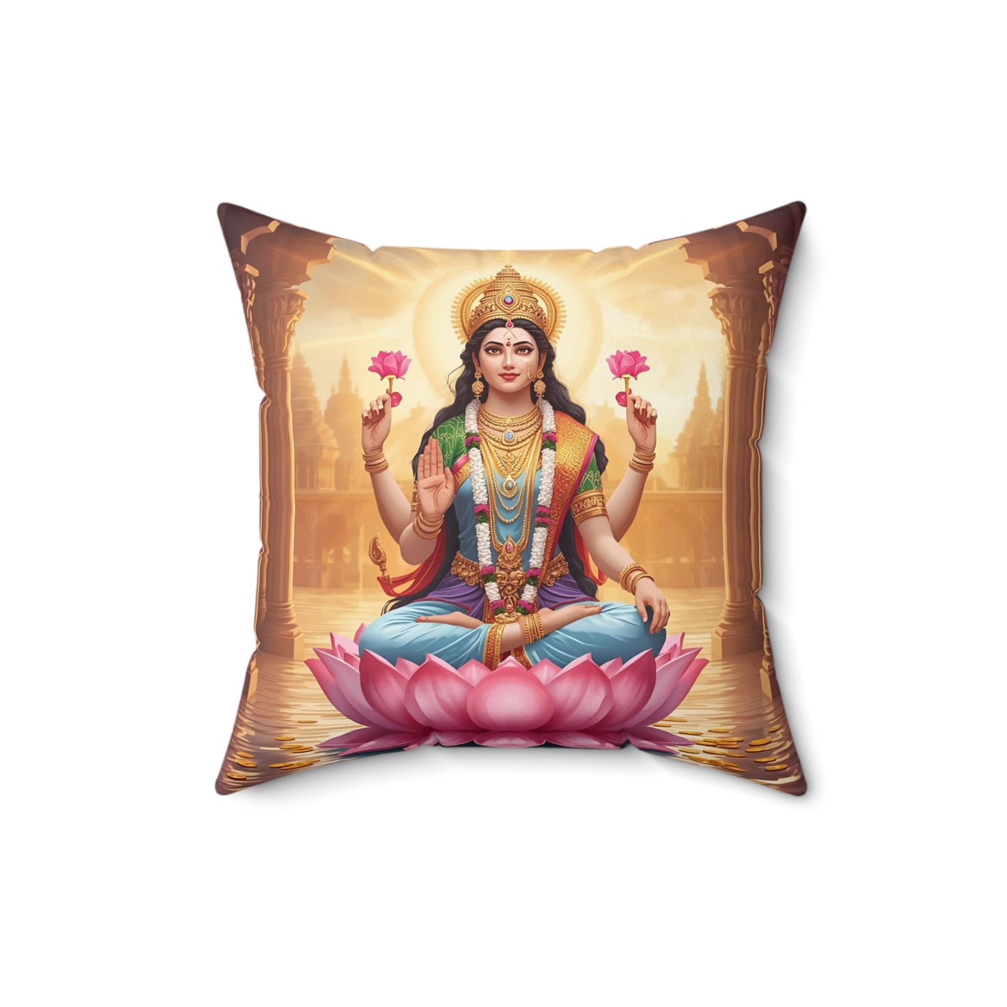 Lakshmi Decorative Pillow – Hindu Goddess of Wealth Cushion for Home & Spiritual Décor