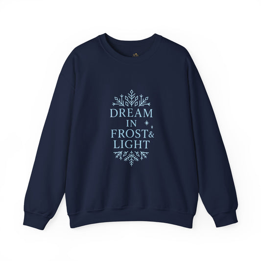 Dream in Frost & Light – Navy Winter Affirmation Sweatshirt | Cozy Snowflake Edition