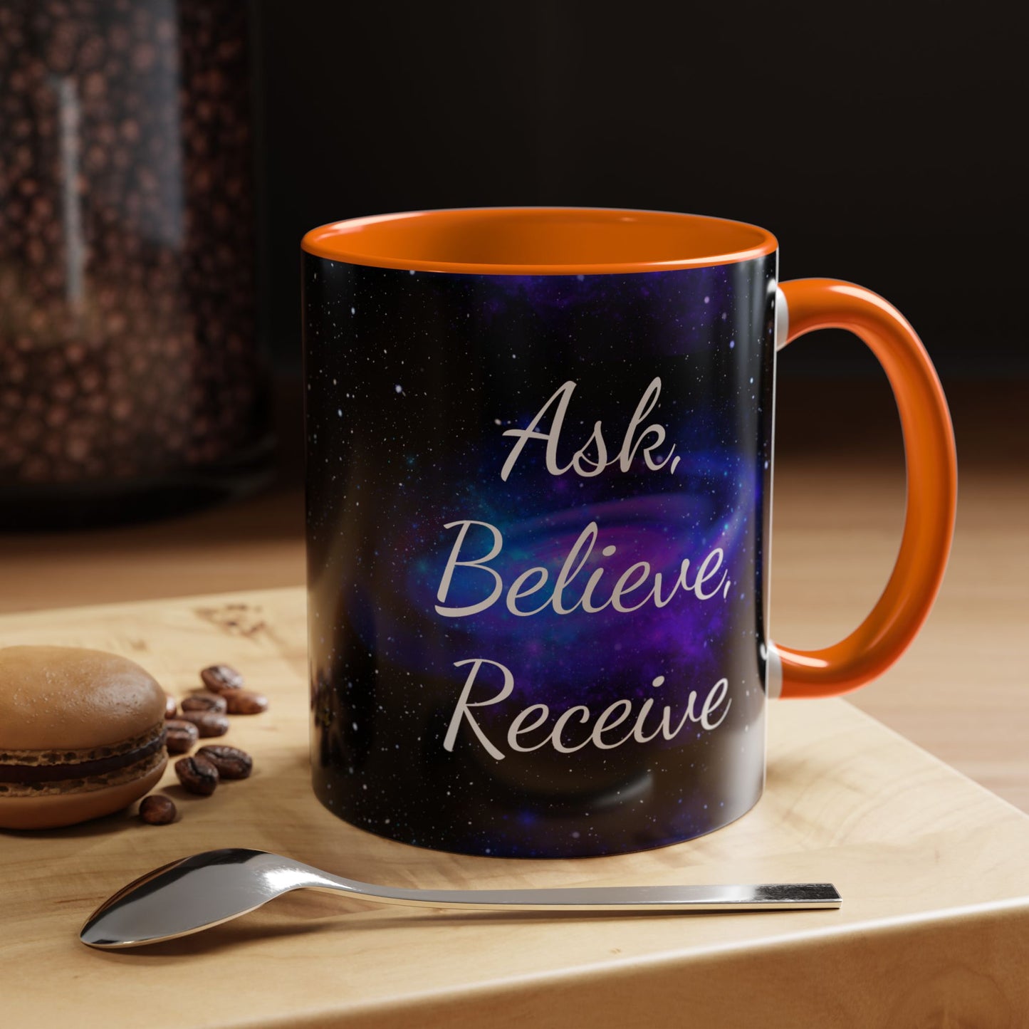 Ask. Believe. Receive. Two-Tone Mug – Cosmic Affirmation Coffee Cup
