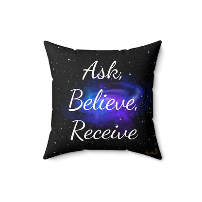 "Ask, Believe, Receive" Galaxy Affirmation Cushion – Law of Attraction Decor by Druvs