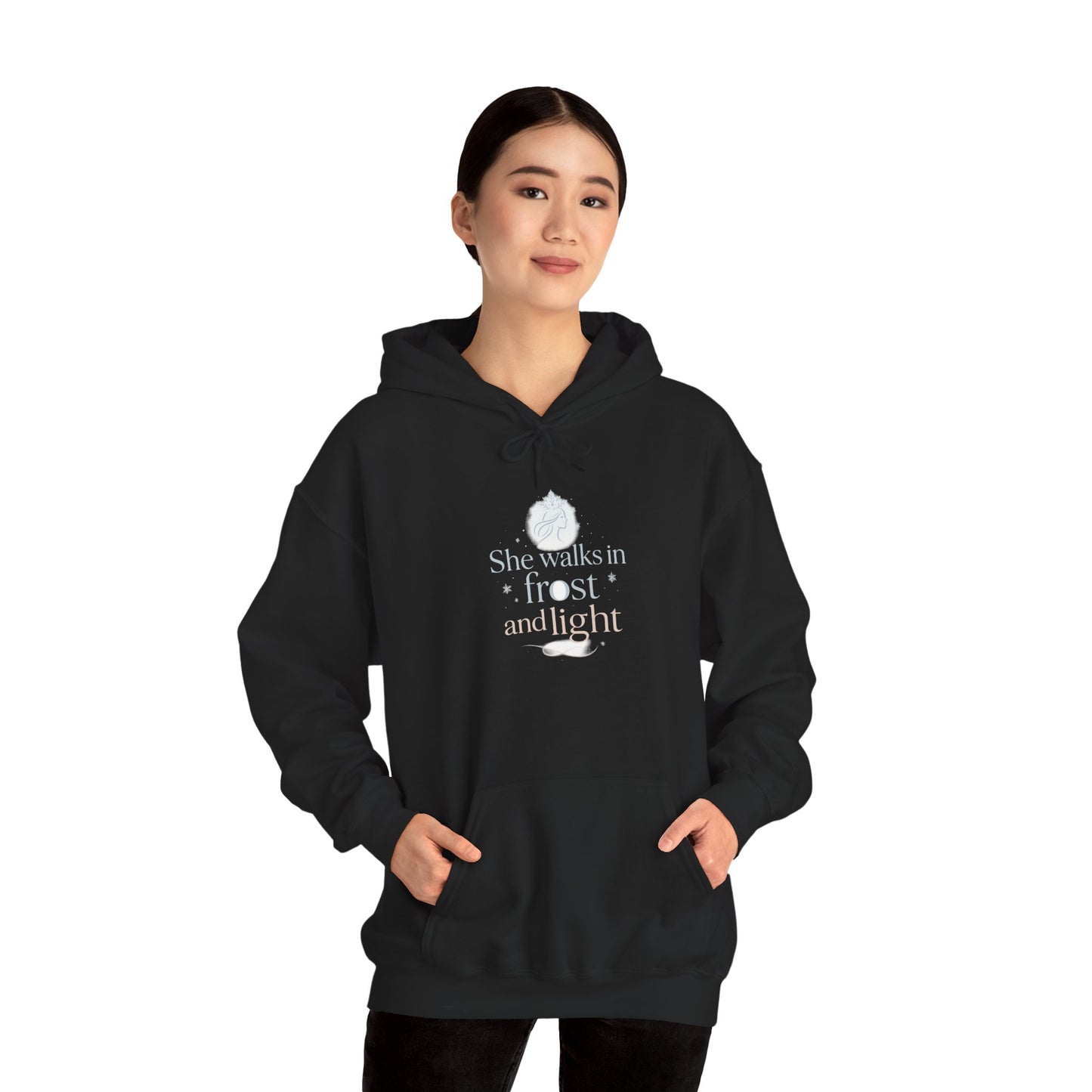 She Walks in Frost and Light – Winter Goddess Hoodie