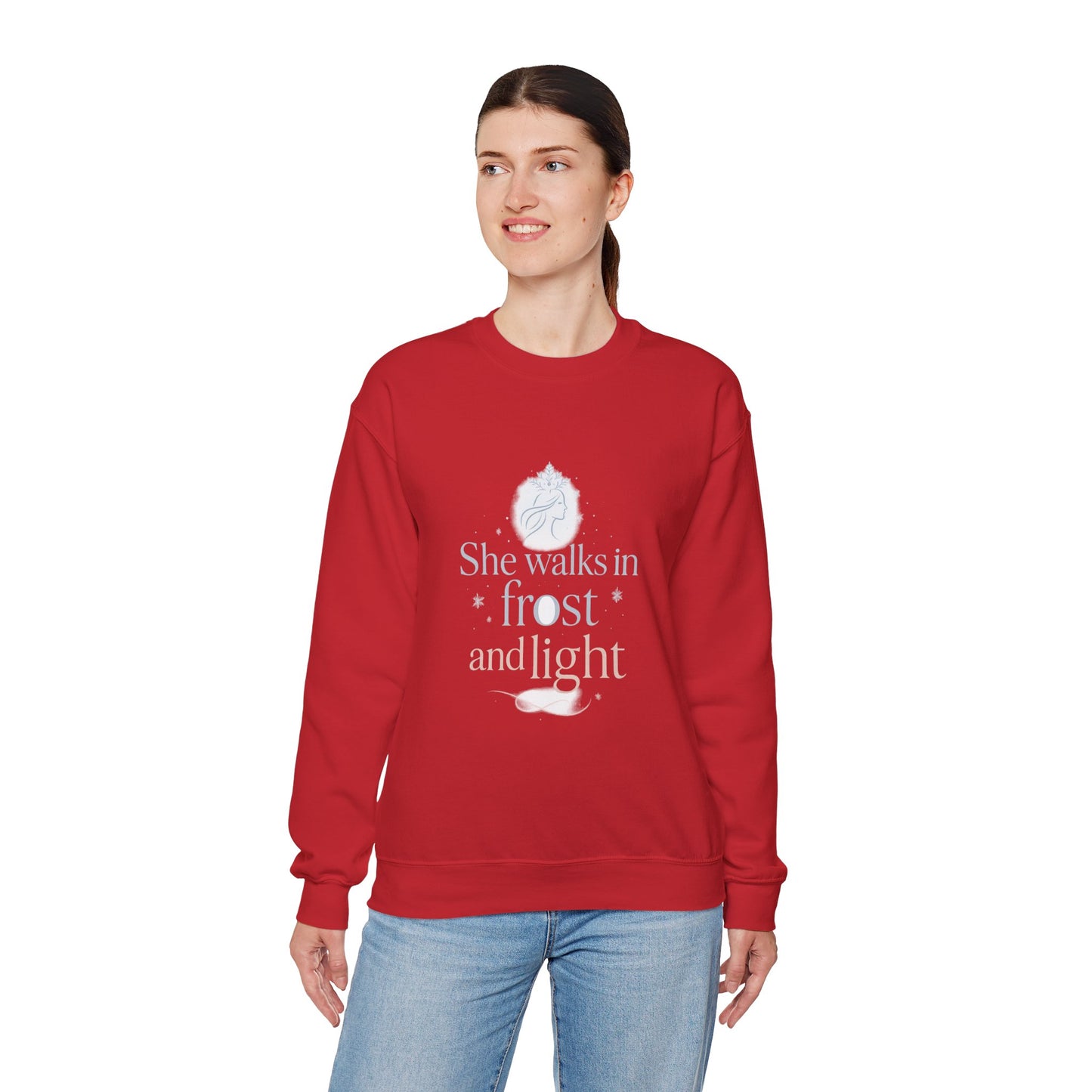 She Walks in Frost and Light – Elegant Winter Goddess Sweatshirt