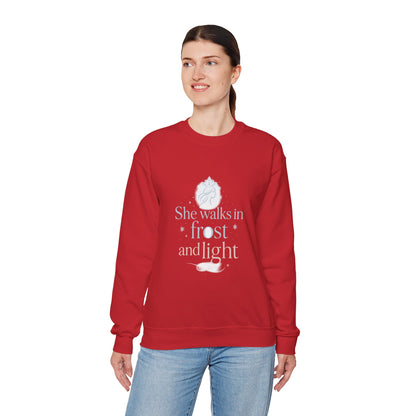 She Walks in Frost and Light – Elegant Winter Goddess Sweatshirt