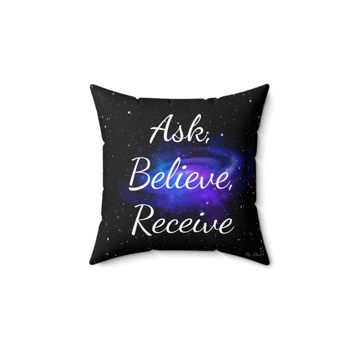 "Ask, Believe, Receive" Galaxy Affirmation Cushion – Law of Attraction Decor by Druvs
