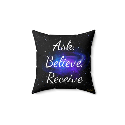 "Ask, Believe, Receive" Galaxy Affirmation Cushion – Law of Attraction Decor by Druvs