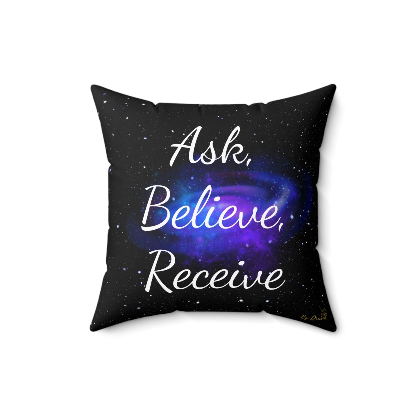 "Ask, Believe, Receive" Galaxy Affirmation Cushion – Law of Attraction Decor by Druvs