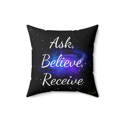 "Ask, Believe, Receive" Galaxy Affirmation Cushion – Law of Attraction Decor by Druvs