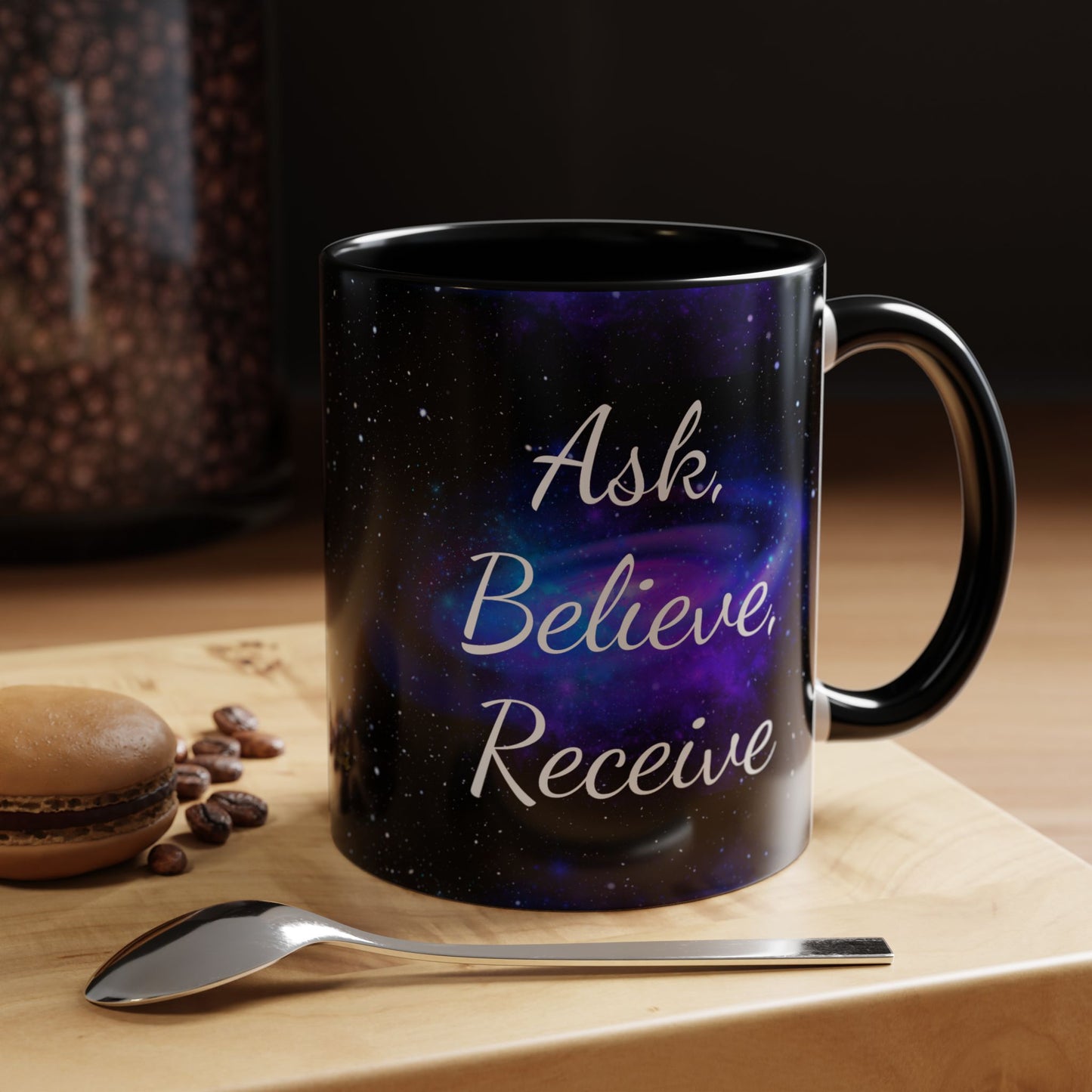 Ask. Believe. Receive. Two-Tone Mug – Cosmic Affirmation Coffee Cup