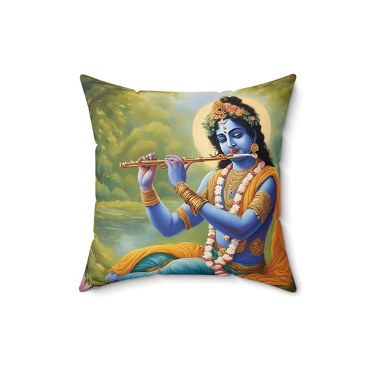 Lord Krishna playing flute decorative pillow by Druvs
