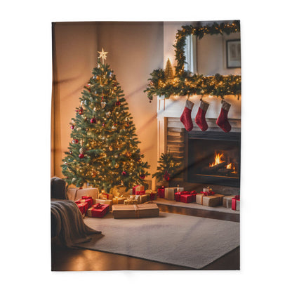 Fleece Blanket - Christmas Tree and Chimney Design, Holiday Decor