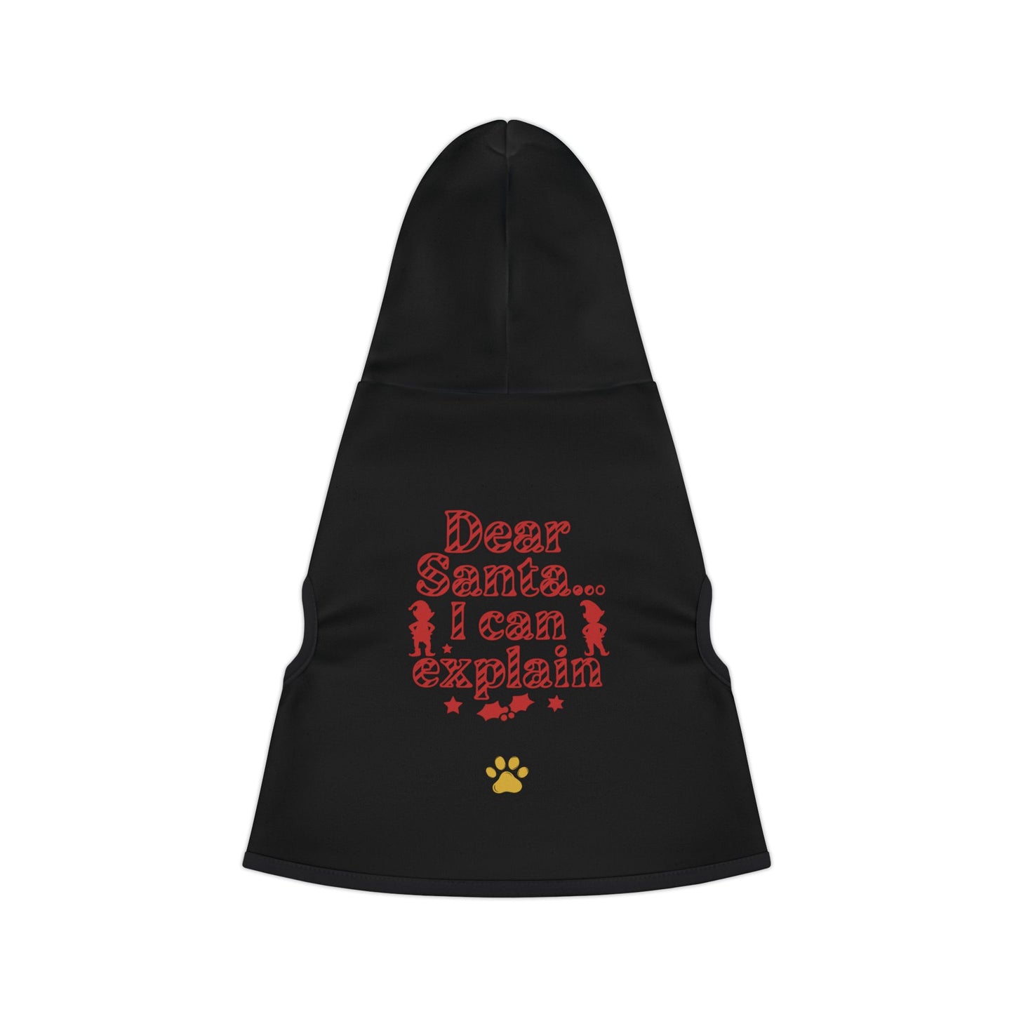 Dear Santa… I Can Explain – Funny Christmas Pet Hoodie (Black with Red Print)