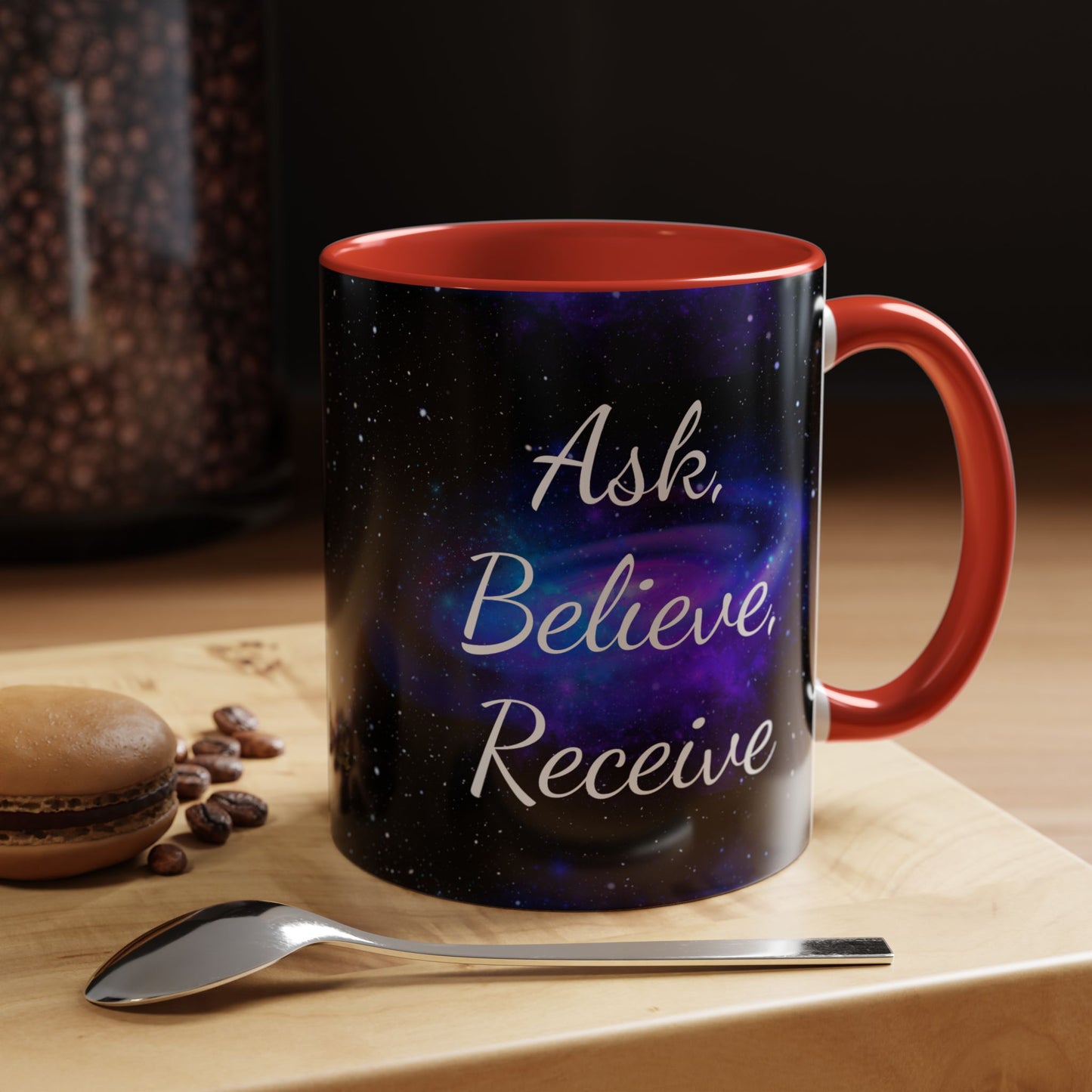 Ask. Believe. Receive. Two-Tone Mug – Cosmic Affirmation Coffee Cup
