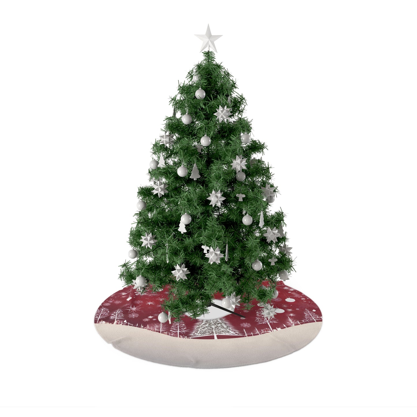 Christmas Village Red Tree Skirt – Snowy Forest Scene with Ornaments