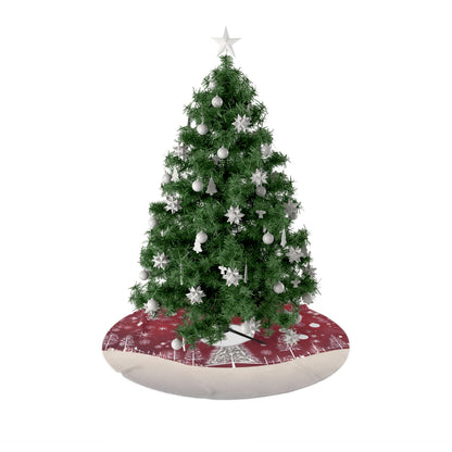 Christmas Village Red Tree Skirt – Snowy Forest Scene with Ornaments