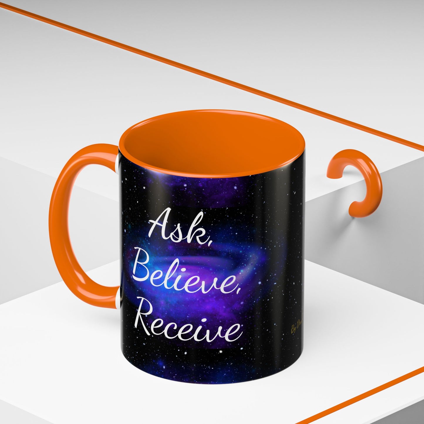 Ask. Believe. Receive. Two-Tone Mug – Cosmic Affirmation Coffee Cup