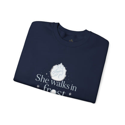 She Walks in Frost and Light – Elegant Winter Goddess Sweatshirt