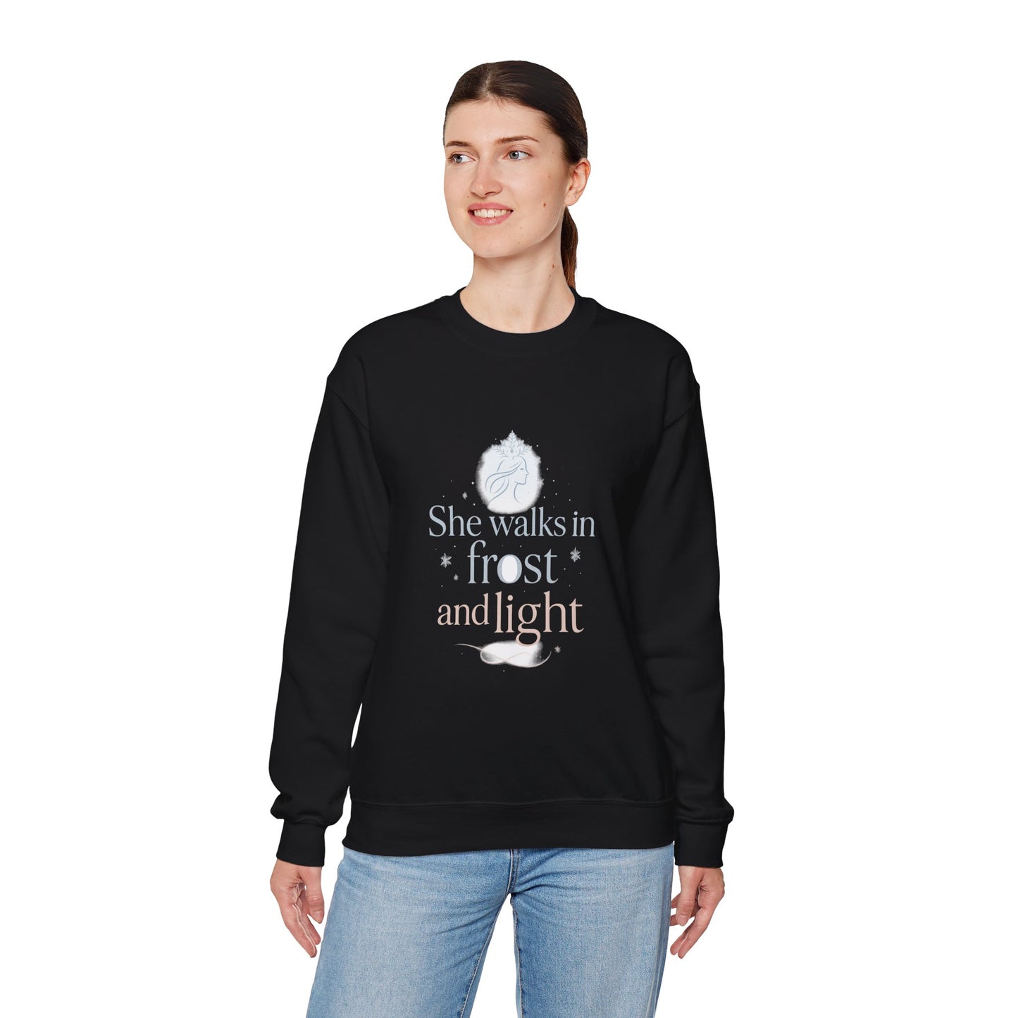 She Walks in Frost and Light – Elegant Winter Goddess Sweatshirt