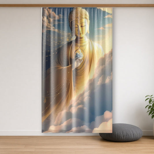 Buddha curtain hanging in a styled room