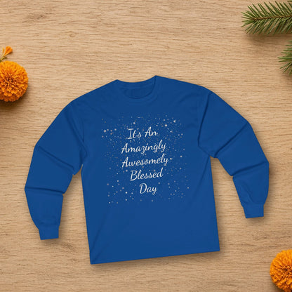 Amazingly Awesomely Day long sleeve tee close-up showing the design detail
